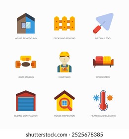 Set of Vector Flat Icons for House Inspection, Heating And Cleaning, House Remodeling and more. Collection of 9 House Repair Colored Editanle Symbols.