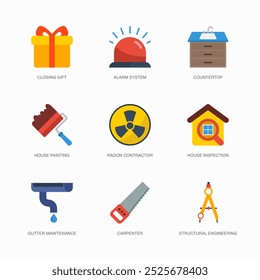 Set of Vector Flat Icons for House Inspection, Gutter Maintenance, Carpenter and more. Collection of 9 House Repair Colored Editanle Symbols.