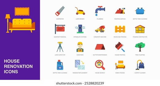 Set of Vector Flat Icons for House Search, Home Staging, Carpet Cleaner and more. Collection of 20 House Repair Colored Editanle Symbols.