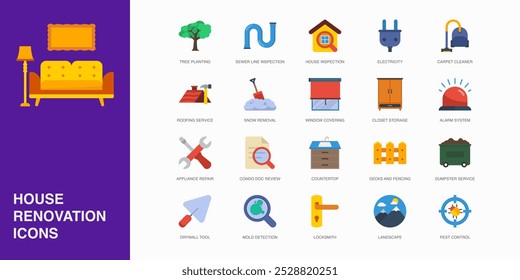 Conjunto de ícones planos de vetor para inspeção de casa, eletricidade, limpador de tapetes e muito mais. Coleção de 20 Símbolos Editoriais Coloridos de Reparação Doméstica.
