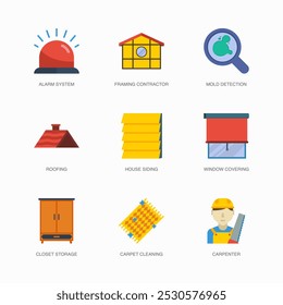 Set of Vector Flat Icons for House Siding, Window Covering, Closet Storage and more. Collection of 9 House Repair Colored Editanle Symbols.