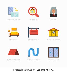 Set of Vector Flat Icons for House Search, Lawyer, Home Staging and more. Collection of 9 House Repair Colored Editanle Symbols.