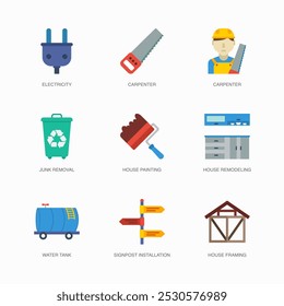 Set of Vector Flat Icons for House Framing, Electricity, Carpenter and more. Collection of 9 House Repair Colored Editanle Symbols.
