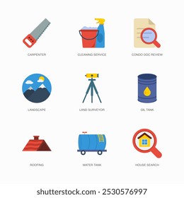 Set of Vector Flat Icons for House Search, Carpenter, Cleaning Service and more. Collection of 9 House Repair Colored Editanle Symbols.