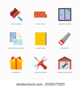 Set of Vector Flat Icons for House Siding, Carpenter, Closing Gift and more. Collection of 9 House Repair Colored Editanle Symbols.