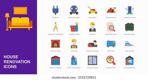 Set of Vector Flat Icons for House Search, House Remodeling, Electricity and more. Collection of 20 House Repair Colored Editanle Symbols.