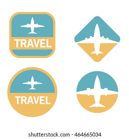 Set a vector flat of icons with the image of the plane and an inscription travel. As an icon for the websites of travel agencies, for leaflets, booklets, flyers, business cards.