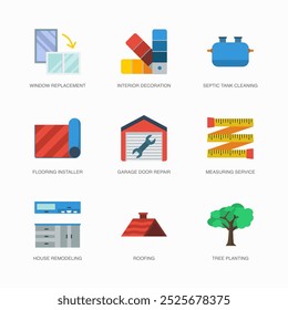 Set of Vector Flat Icons for Interior Decoration, Septic Tank Cleaning, Flooring Installer and more. Collection of 9 House Repair Colored Editanle Symbols.