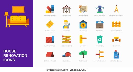 Set of Vector Flat Icons for Interior Decoration, House Framing, Architect Tools and more. Collection of 20 House Repair Colored Editanle Symbols.