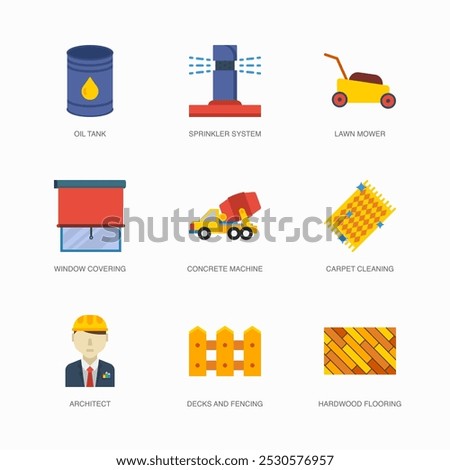 Set of Vector Flat Icons for Lawn Mower, Window Covering, Concrete Machine and more. Collection of 9 House Repair Colored Editanle Symbols.