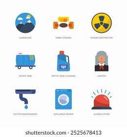 Set of Vector Flat Icons for Lawyer, Gutter Maintenance, Appliance Repair and more. Collection of 9 House Repair Colored Editanle Symbols.