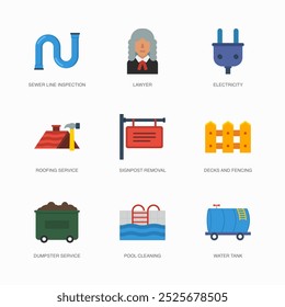 Set of Vector Flat Icons for Lawyer, Electricity, Roofing Service and more. Collection of 9 House Repair Colored Editanle Symbols.