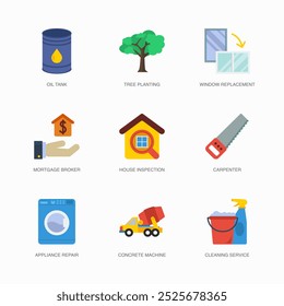 Set of Vector Flat Icons for Mortgage Broker, House Inspection, Carpenter and more. Collection of 9 House Repair Colored Editanle Symbols.