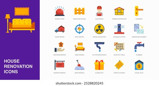 Conjunto de ícones planos de vetor para corretor de hipoteca, Home Staging, Gutter Maintenance e muito mais. Coleção de 20 Símbolos Editoriais Coloridos de Reparação Doméstica.