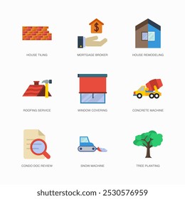 Conjunto de ícones planos de vetor para corretor hipotecário, remodelação de casas, serviço de telhados e muito mais. Coleção de 9 Símbolos Editoriais Coloridos de Reparação de Casa.