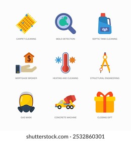 Conjunto de iconos planos de Vector para corredor hipotecario, calefacción y limpieza, ingeniería estructural y más. Colección de 9 Símbolos Editables Coloreados de House Repair.
