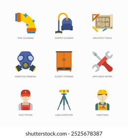 Set of Vector Flat Icons for Pipe Cleaning, Carpet Cleaner, Architect Tools and more. Collection of 9 House Repair Colored Editanle Symbols.