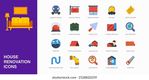 Set of Vector Flat Icons for Pipe Cleaning, House Search, House Remodeling and more. Collection of 20 House Repair Colored Editanle Symbols.