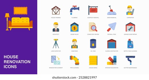 Set of Vector Flat Icons for Pipe Cleaning, House Siding, Interior Decoration and more. Collection of 20 House Repair Colored Editanle Symbols.