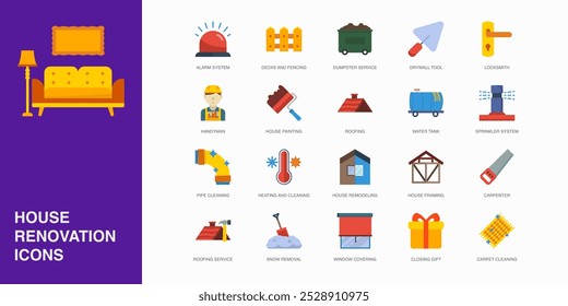 Set of Vector Flat Icons for Pipe Cleaning, Heating And Cleaning, House Remodeling and more. Collection of 20 House Repair Colored Editanle Symbols.