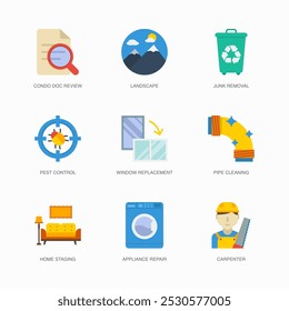 Set of Vector Flat Icons for Pipe Cleaning, Home Staging, Appliance Repair and more. Collection of 9 House Repair Colored Editanle Symbols.