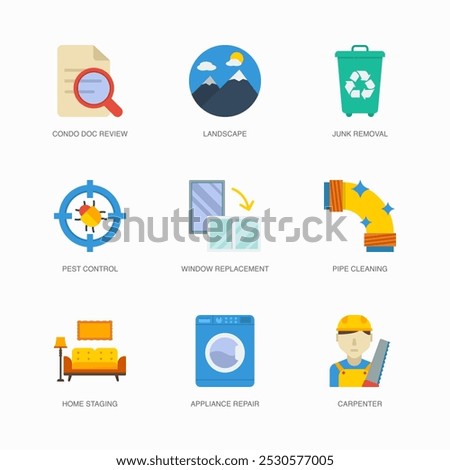 Set of Vector Flat Icons for Pipe Cleaning, Home Staging, Appliance Repair and more. Collection of 9 House Repair Colored Editanle Symbols.
