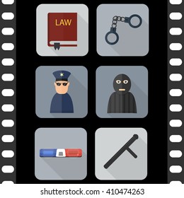 Set of vector flat icons of police theme with long shadow