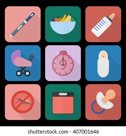 Set of vector flat icons of pregnancy theme with long shadow