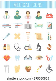 Set of vector flat icons related to subject of medicine, first aid, transportation of patient, health care, insurance, medical treatment, medicines and hospital personnel. Conceptual  symbols on white