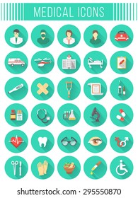 Set of vector flat icons related to subject of medicine, first aid, transportation of patient, health care, insurance, medical treatment, medicines and hospital personnel. Conceptual round symbols