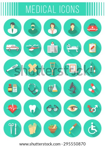 Set of vector flat icons related to subject of medicine, first aid, transportation of patient, health care, insurance, medical treatment, medicines and hospital personnel. Conceptual round symbols