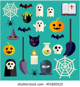 Set of vector flat icons stickers and seamless pattern for Halloween design interface and graphic design of the booklet and invitation party.