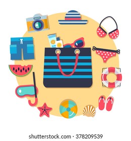 set of vector flat icons for summer beach vacation 