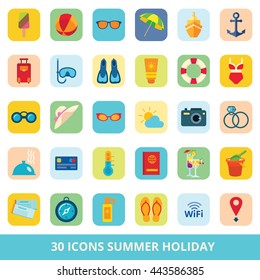 Set of vector flat icons summer beach vacation and travel