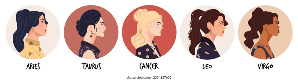 Set of vector flat illustration of astrology or zodiac sign as beautiful girl isolated on white. Tells of the future, horoscopes, alchemy, spirituality, occultism, and women's fashion.