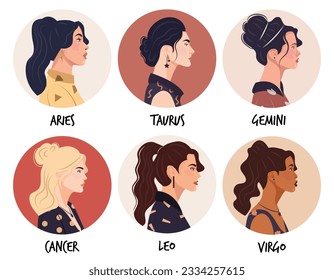Set of vector flat illustration of astrology or zodiac sign as beautiful girl isolated on white. Tells of the future, horoscopes, alchemy, spirituality, occultism, and women's fashion.