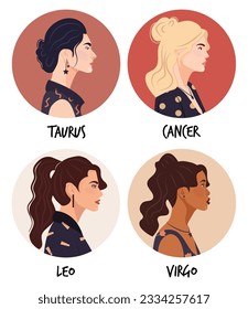 Set of vector flat illustration of astrology or zodiac sign as beautiful girl isolated on white. Tells of the future, horoscopes, alchemy, spirituality, occultism, and women's fashion.