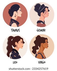 Set of vector flat illustration of astrology or zodiac sign as beautiful girl isolated on white. Tells of the future, horoscopes, alchemy, spirituality, occultism, and women's fashion.