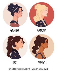 Set of vector flat illustration of astrology or zodiac sign as beautiful girl isolated on white. Tells of the future, horoscopes, alchemy, spirituality, occultism, and women's fashion.