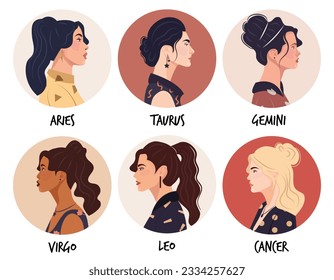 Set of vector flat illustration of astrology or zodiac sign as beautiful girl isolated on white. Tells of the future, horoscopes, alchemy, spirituality, occultism, and women's fashion.