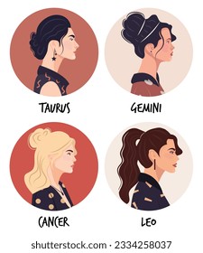 Set of vector flat illustration of astrology or zodiac sign as beautiful girl isolated on white. Tells of the future, horoscopes, alchemy, spirituality, occultism, and women's fashion.