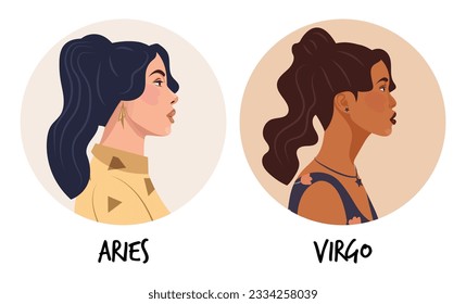 Set of vector flat illustration of astrology or zodiac sign as beautiful girl isolated on white. Tells of the future, horoscopes, alchemy, spirituality, occultism, and women's fashion.