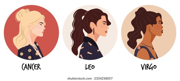 Conjunto de ilustración plana vectorial de astrología o signo zodiaco como niña hermosa aislada en blanco. Cuentos del futuro, horóscopos, alquimia, espiritualidad, ocultismo y moda femenina.