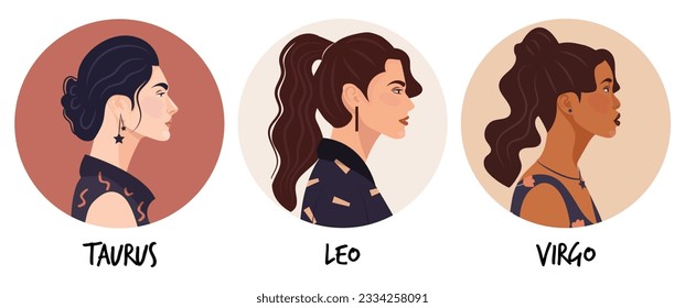 Set of vector flat illustration of astrology or zodiac sign as beautiful girl isolated on white. Tells of the future, horoscopes, alchemy, spirituality, occultism, and women's fashion.