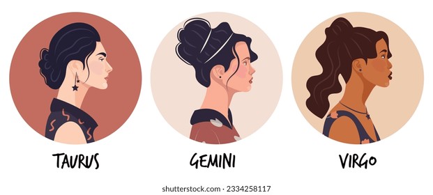 Set of vector flat illustration of astrology or zodiac sign as beautiful girl isolated on white. Tells of the future, horoscopes, alchemy, spirituality, occultism, and women's fashion.