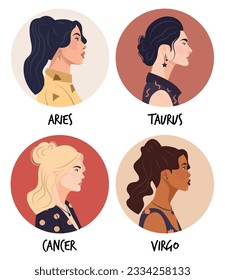 Set of vector flat illustration of astrology or zodiac sign as beautiful girl isolated on white. Tells of the future, horoscopes, alchemy, spirituality, occultism, and women's fashion.