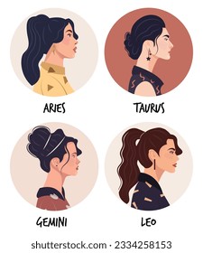 Set of vector flat illustration of astrology or zodiac sign as beautiful girl isolated on white. Tells of the future, horoscopes, alchemy, spirituality, occultism, and women's fashion.
