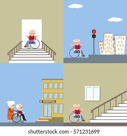 Set of vector flat illustration of difficulties of access for people with disability. Senior man in a wheelchair near the stairs and on the streets. An environment and physically challenged people.