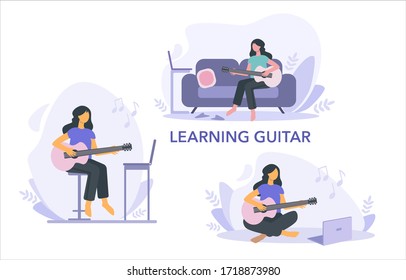 Set of vector flat illustration of girl e-learning to play the guitar with a laptop at home. Concept of learning music at home. Home daily activities. Hobby. Template for website, landing page