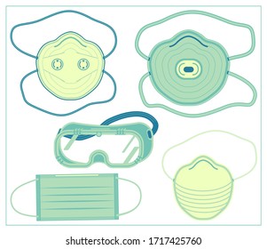 Conjunto de ilustración plana vectorial con máscara de protección médica profesional y gafas de seguridad, gafas. Dibujo estilizado para el diseño de su sitio web, logotipo, aplicación, UI. Ilustración aislada en blanco